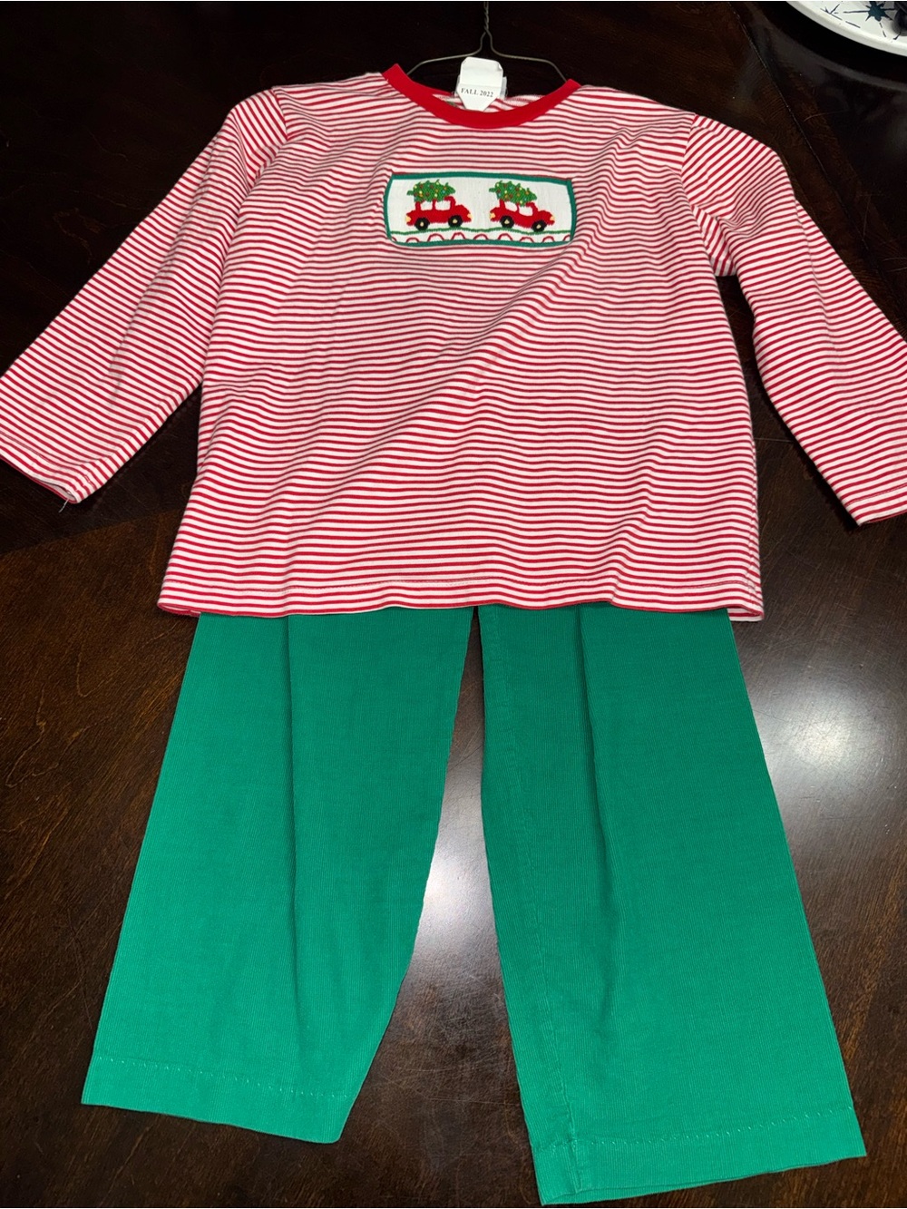 Kids Holiday Stripe Car Tree Smocked Set in Red & Green